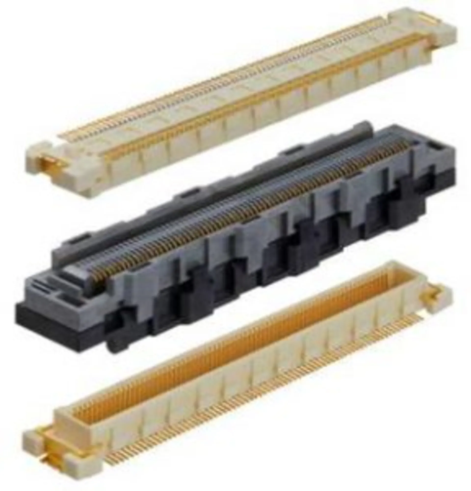 Close-up of metallic and plastic electronic connector components arranged diagonally on a white background