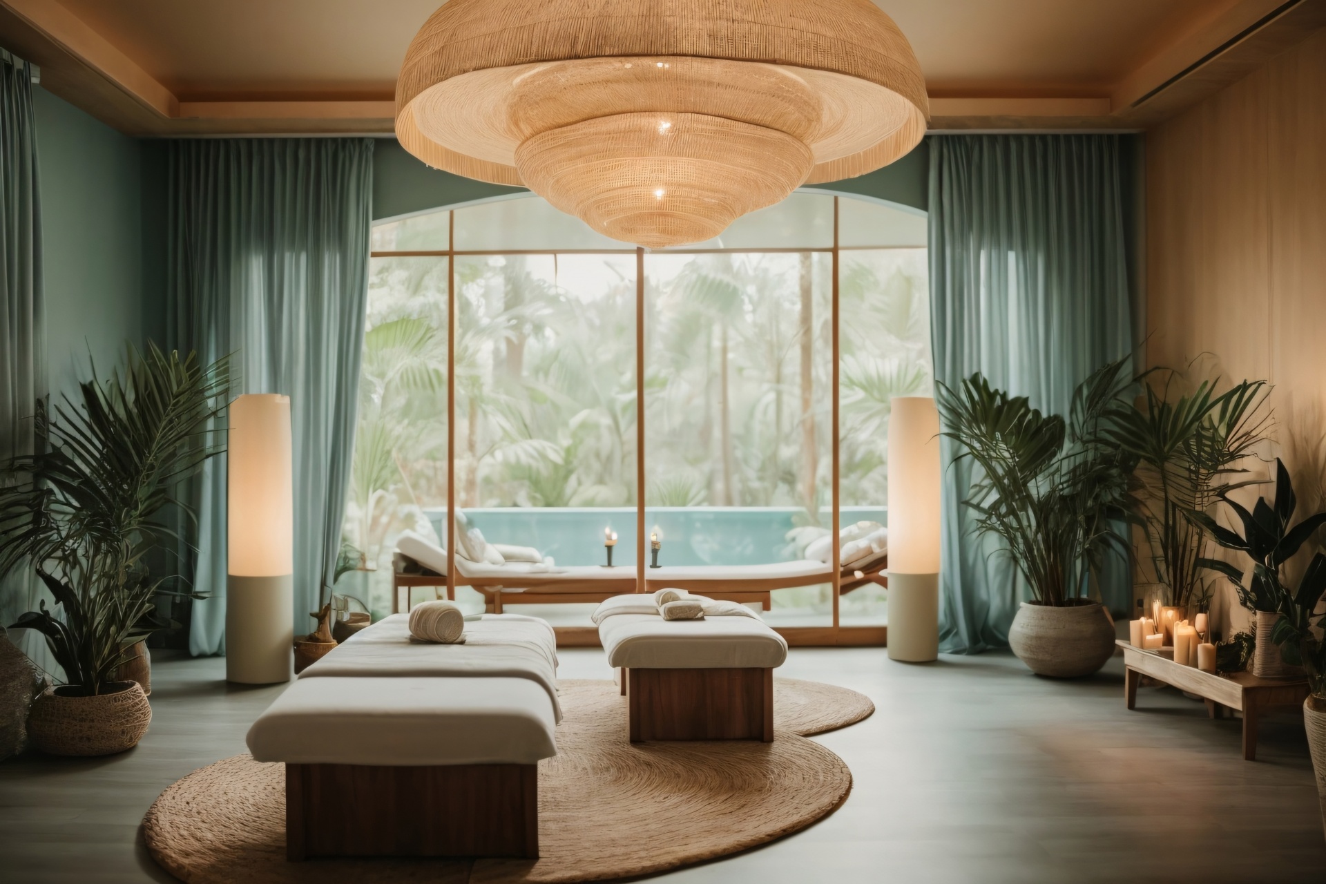 Spa-like room with two massage tables, soft lighting, floor lamps, plants, and a large woven pendant light